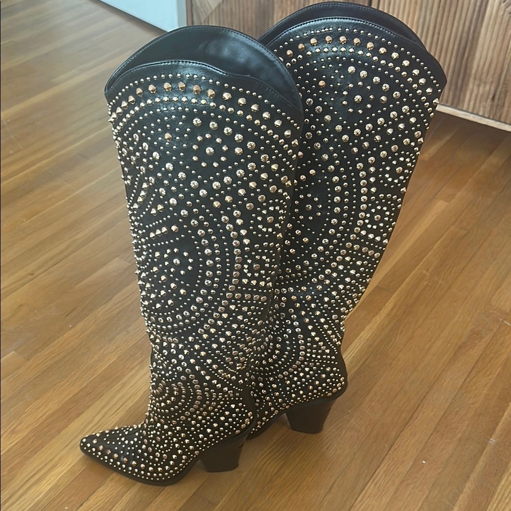 Studded Black Knee-High Cowboy Boots